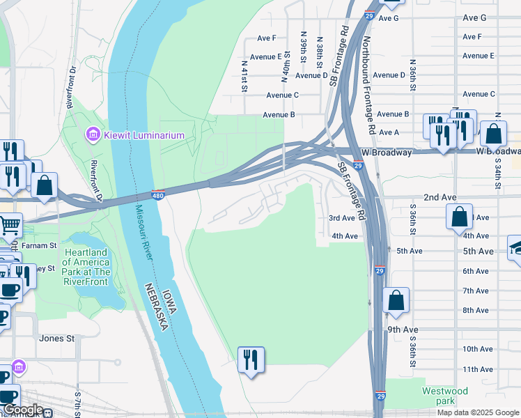 map of restaurants, bars, coffee shops, grocery stores, and more near 20 South 41st Street in Council Bluffs