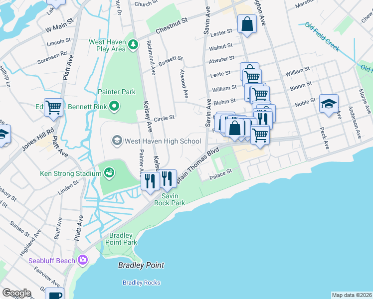 map of restaurants, bars, coffee shops, grocery stores, and more near 74 Savin Park in West Haven