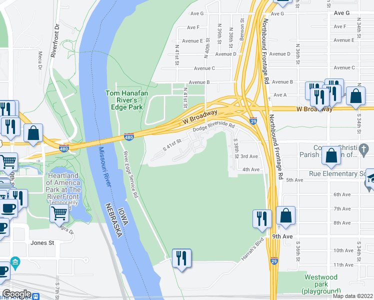 map of restaurants, bars, coffee shops, grocery stores, and more near 20 South 41st Street in Council Bluffs