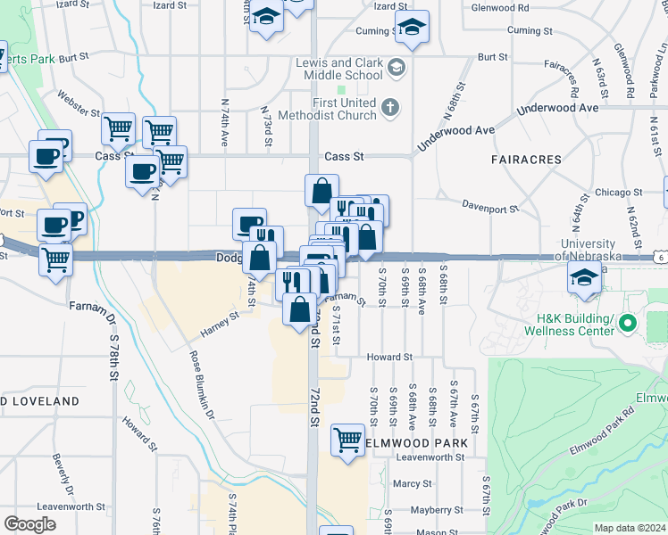 map of restaurants, bars, coffee shops, grocery stores, and more near 7059 Dodge St in Omaha