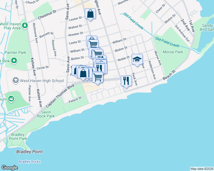 map of restaurants, bars, coffee shops, grocery stores, and more near in West Haven