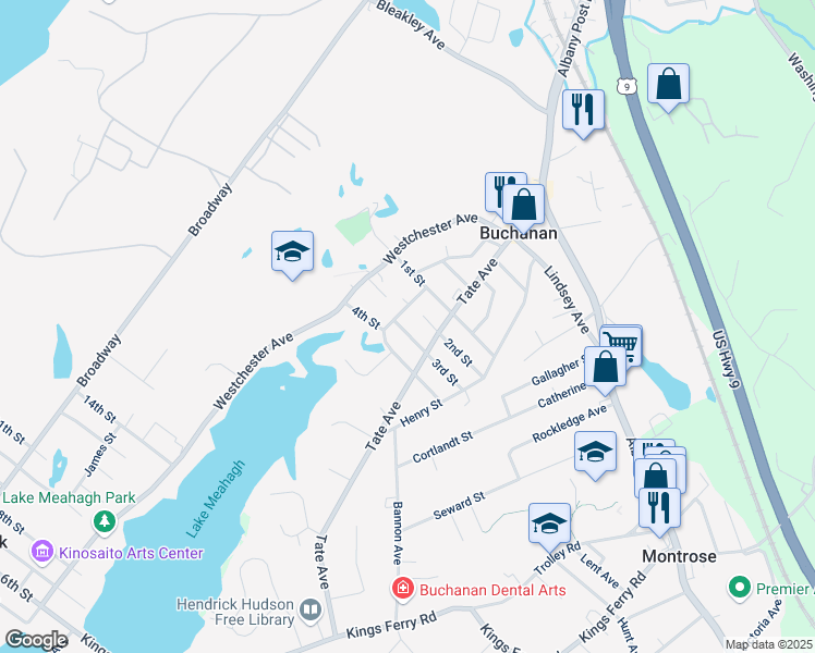 map of restaurants, bars, coffee shops, grocery stores, and more near 191 3rd Street in Buchanan