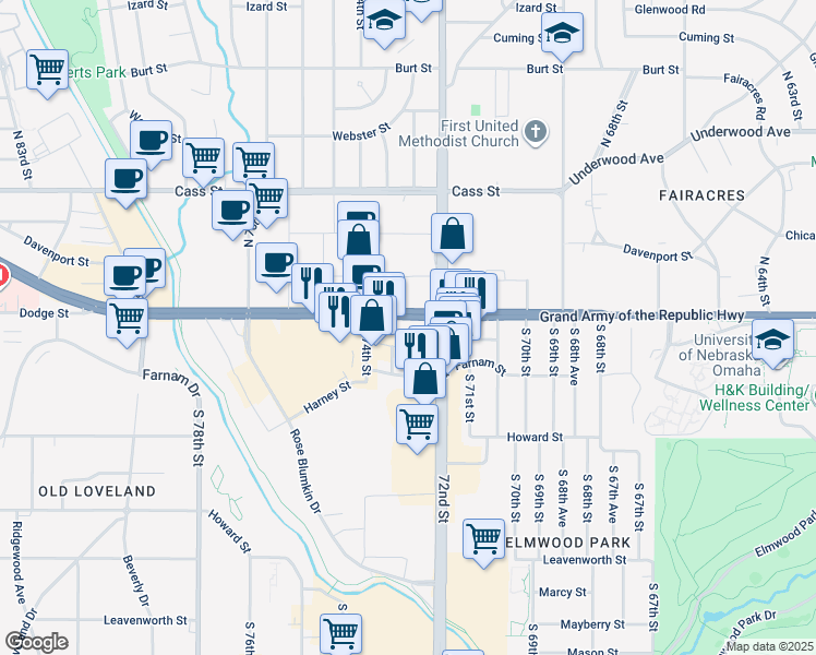 map of restaurants, bars, coffee shops, grocery stores, and more near 7215 Dodge Street in Omaha