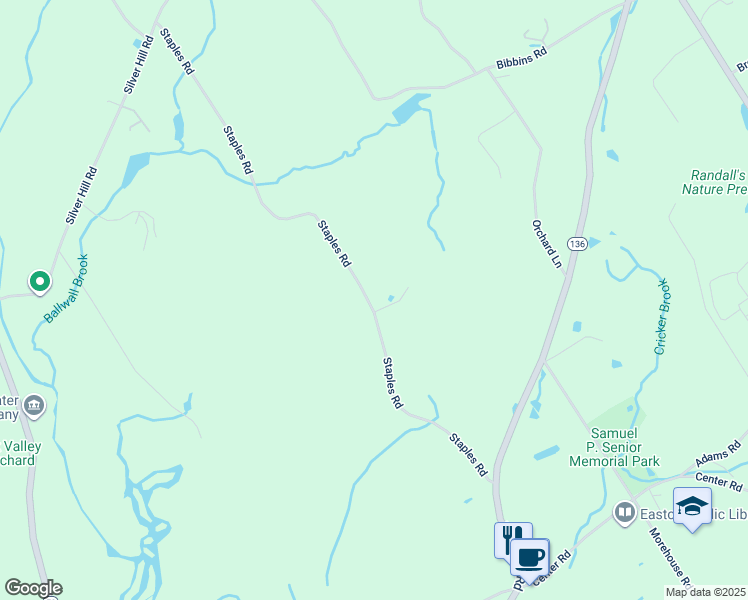 map of restaurants, bars, coffee shops, grocery stores, and more near 120 Staples Road in Easton