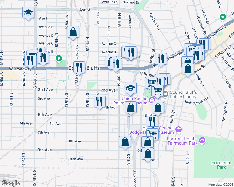 map of restaurants, bars, coffee shops, grocery stores, and more near in Council Bluffs