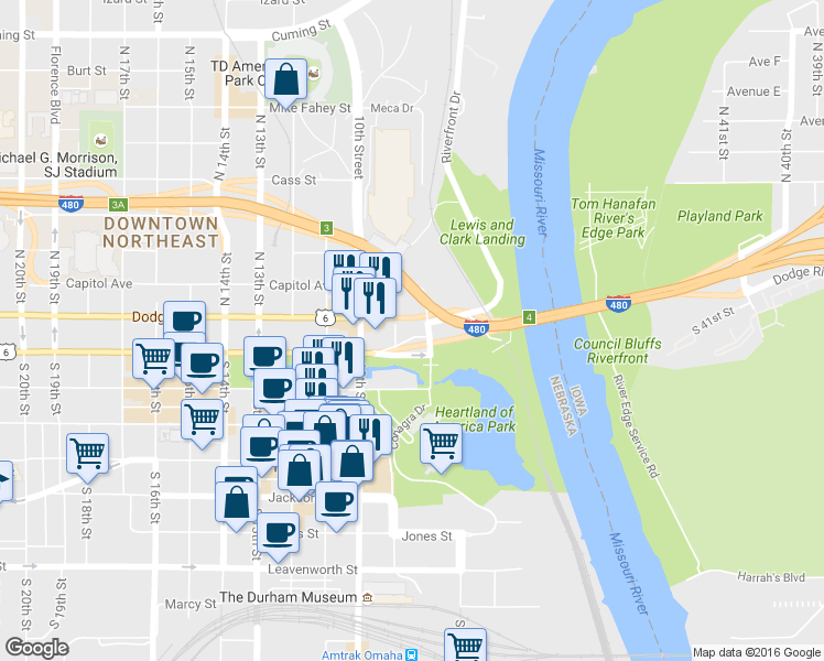 map of restaurants, bars, coffee shops, grocery stores, and more near 101 South 8th Street in Omaha