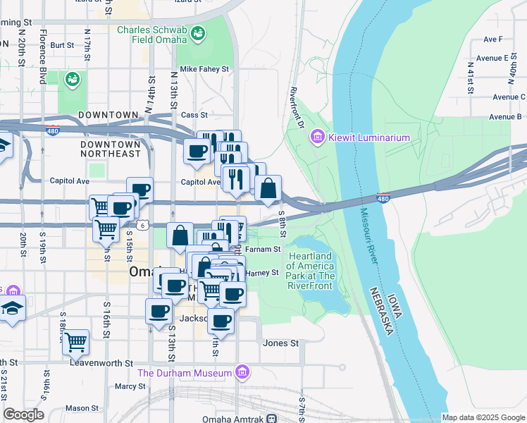 map of restaurants, bars, coffee shops, grocery stores, and more near 101 South 10th Street in Omaha