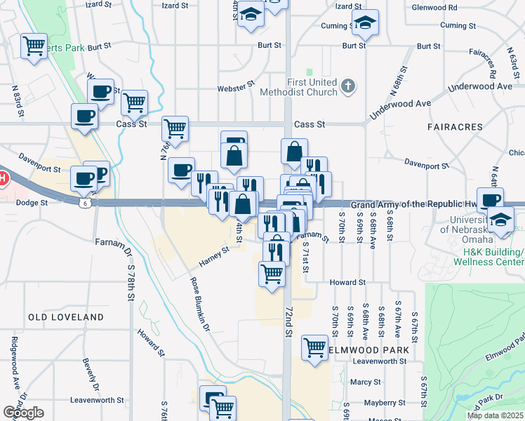 map of restaurants, bars, coffee shops, grocery stores, and more near 7215 Dodge Street in Omaha
