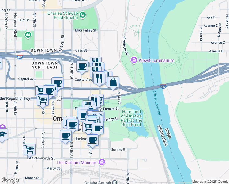 map of restaurants, bars, coffee shops, grocery stores, and more near 105 South 9th Street in Omaha