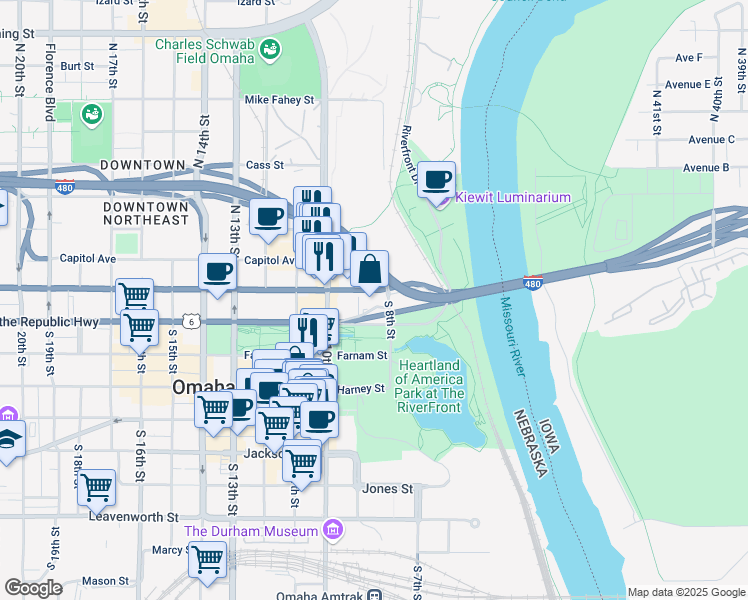 map of restaurants, bars, coffee shops, grocery stores, and more near 101 South 8th Street in Omaha