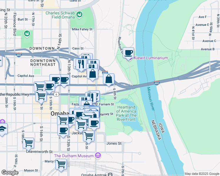 map of restaurants, bars, coffee shops, grocery stores, and more near 105 South 9th Street in Omaha
