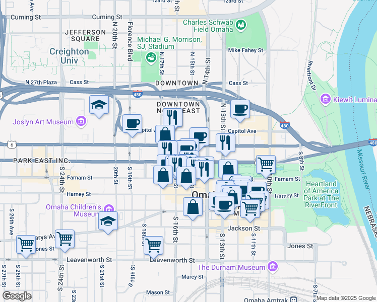 map of restaurants, bars, coffee shops, grocery stores, and more near 106 South 15th Street in Omaha
