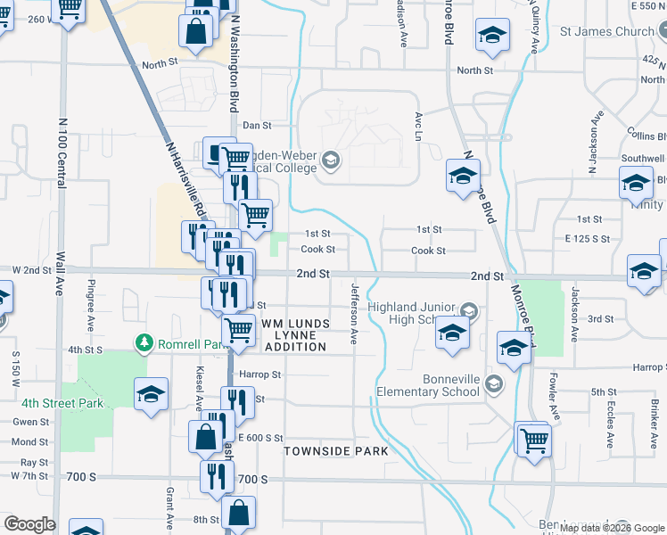 map of restaurants, bars, coffee shops, grocery stores, and more near 570 2nd Street in Ogden