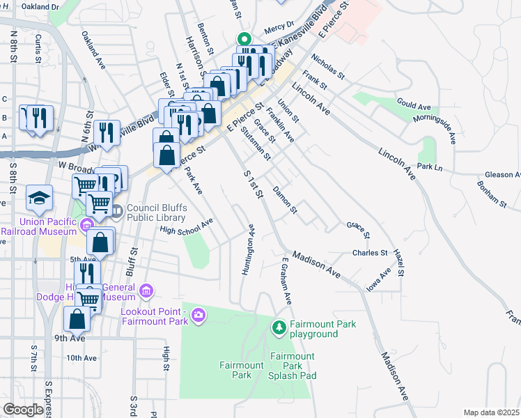 map of restaurants, bars, coffee shops, grocery stores, and more near 331 Huntington Avenue in Council Bluffs
