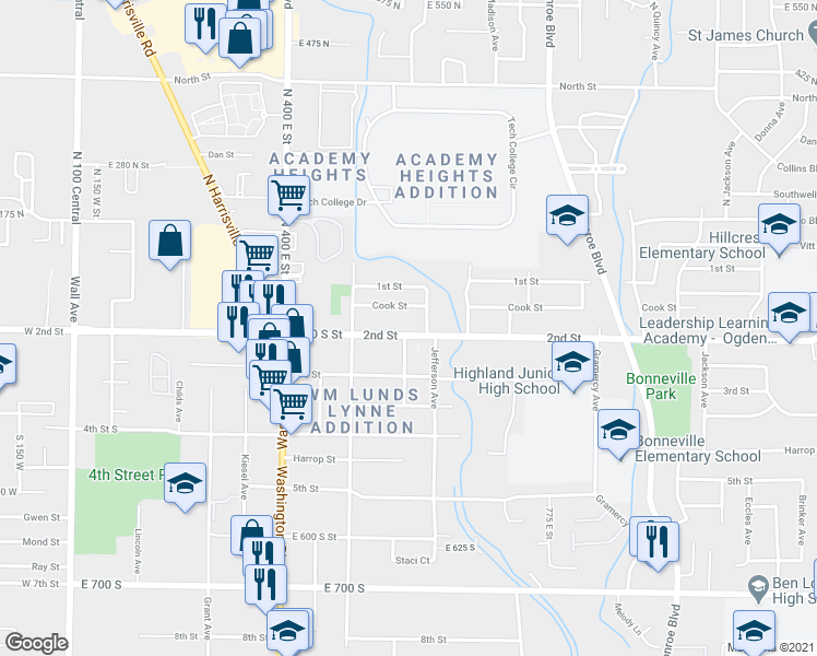 map of restaurants, bars, coffee shops, grocery stores, and more near 570 2nd Street in Ogden