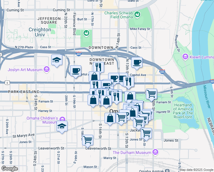 map of restaurants, bars, coffee shops, grocery stores, and more near 106 South 15th Street in Omaha