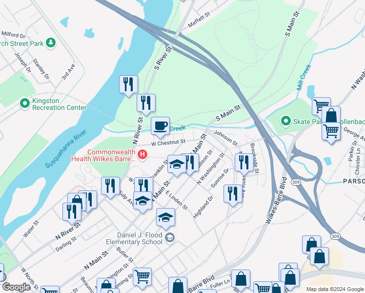 map of restaurants, bars, coffee shops, grocery stores, and more near 701 North Franklin Street in Wilkes-Barre