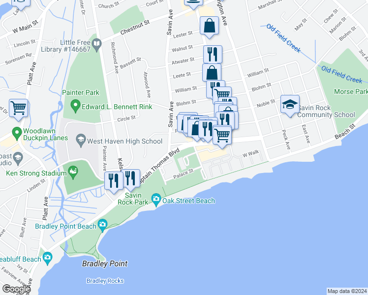 map of restaurants, bars, coffee shops, grocery stores, and more near 310-340 Captain Thomas Blvd in West Haven