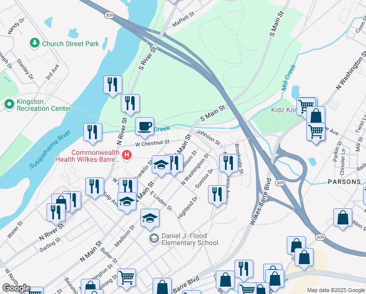 map of restaurants, bars, coffee shops, grocery stores, and more near 671 North Main Street in Wilkes-Barre