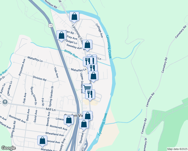 map of restaurants, bars, coffee shops, grocery stores, and more near 2028 Lycoming Creek Road in Williamsport