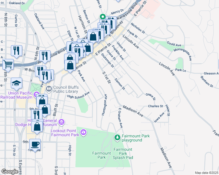 map of restaurants, bars, coffee shops, grocery stores, and more near 331 Huntington Avenue in Council Bluffs