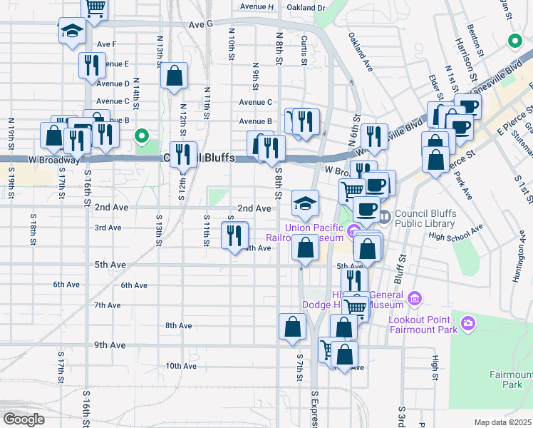 map of restaurants, bars, coffee shops, grocery stores, and more near 216 South 9th Street in Council Bluffs