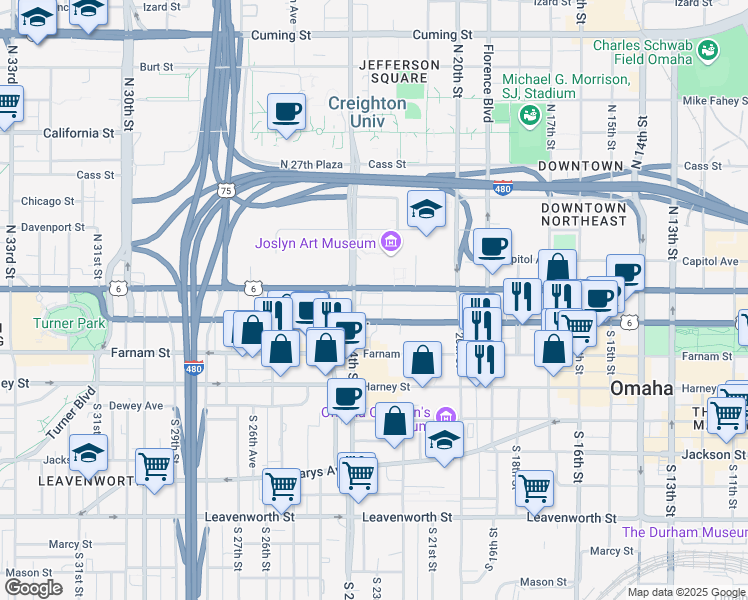 map of restaurants, bars, coffee shops, grocery stores, and more near 2309 Douglas Street in Omaha