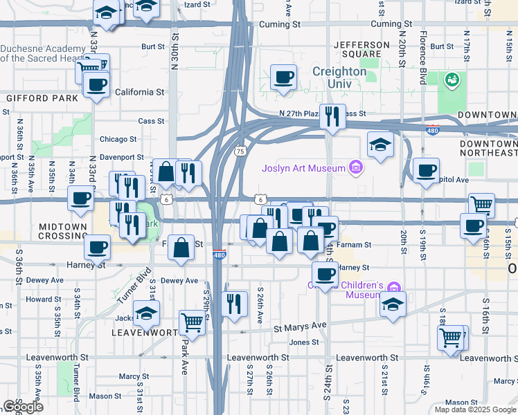 map of restaurants, bars, coffee shops, grocery stores, and more near in Omaha
