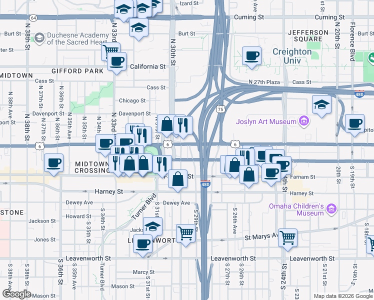 map of restaurants, bars, coffee shops, grocery stores, and more near in Omaha