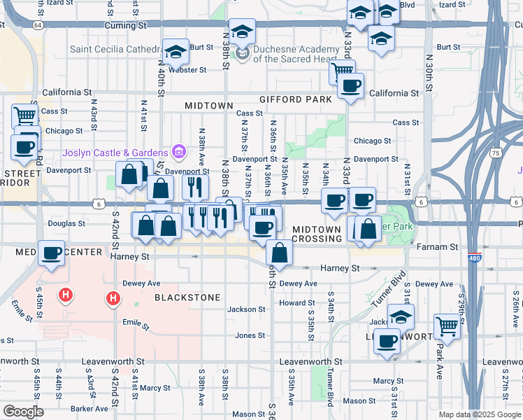 map of restaurants, bars, coffee shops, grocery stores, and more near 112 South 36th Street in Omaha