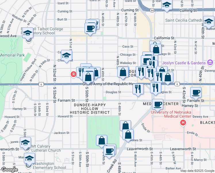 map of restaurants, bars, coffee shops, grocery stores, and more near 136 Dundee Ridge Ct. in Omaha
