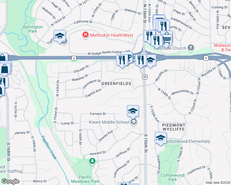 map of restaurants, bars, coffee shops, grocery stores, and more near 15907 Nottingham Drive in Omaha