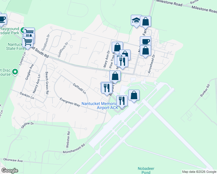 map of restaurants, bars, coffee shops, grocery stores, and more near 12 Nobadeer Way in Nantucket