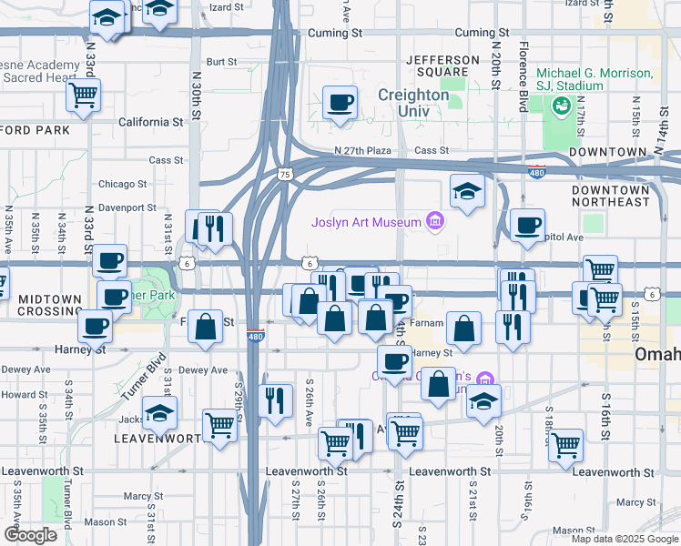 map of restaurants, bars, coffee shops, grocery stores, and more near 2525 Dodge Street in Omaha
