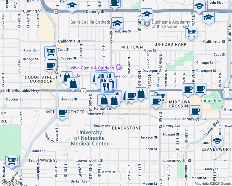 map of restaurants, bars, coffee shops, grocery stores, and more near 101 North 39th Street in Omaha