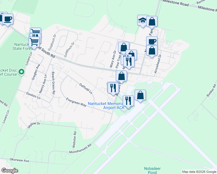 map of restaurants, bars, coffee shops, grocery stores, and more near 12 Nobadeer Way in Nantucket