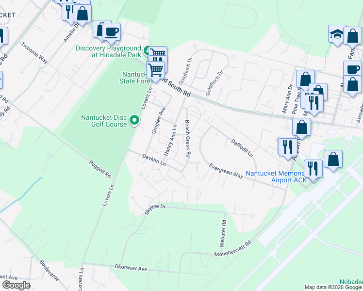map of restaurants, bars, coffee shops, grocery stores, and more near 20 Davkim Lane in Nantucket