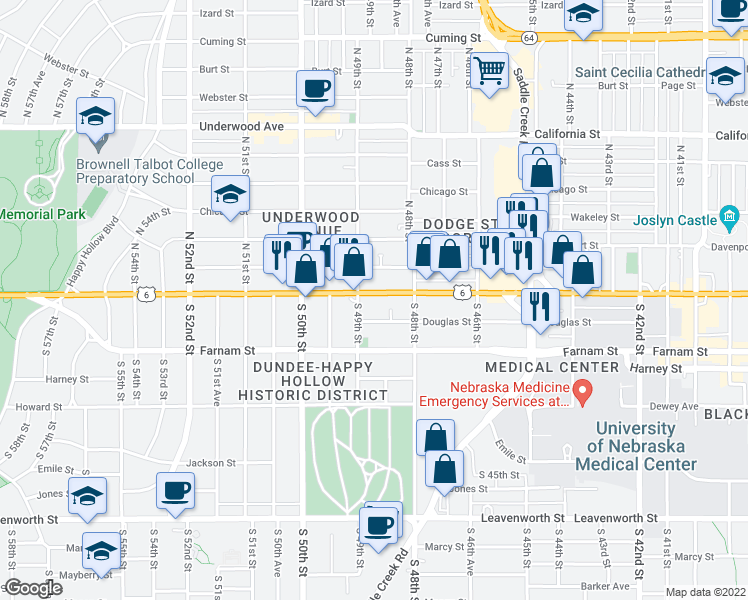 map of restaurants, bars, coffee shops, grocery stores, and more near 136 Dundee Ridge Ct. in Omaha