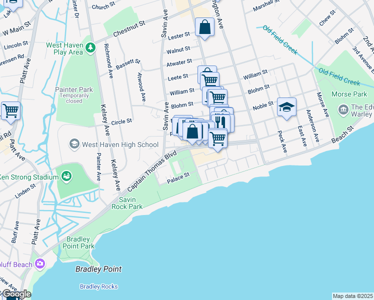 map of restaurants, bars, coffee shops, grocery stores, and more near 340 Captain Thomas Boulevard in West Haven