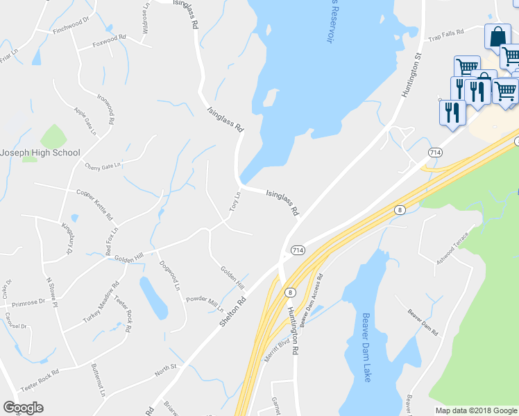 map of restaurants, bars, coffee shops, grocery stores, and more near 475 Isinglass Road in Shelton