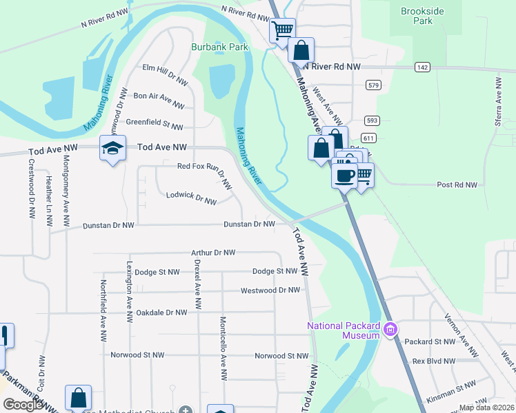 map of restaurants, bars, coffee shops, grocery stores, and more near 2821 Tod Avenue Northwest in Warren