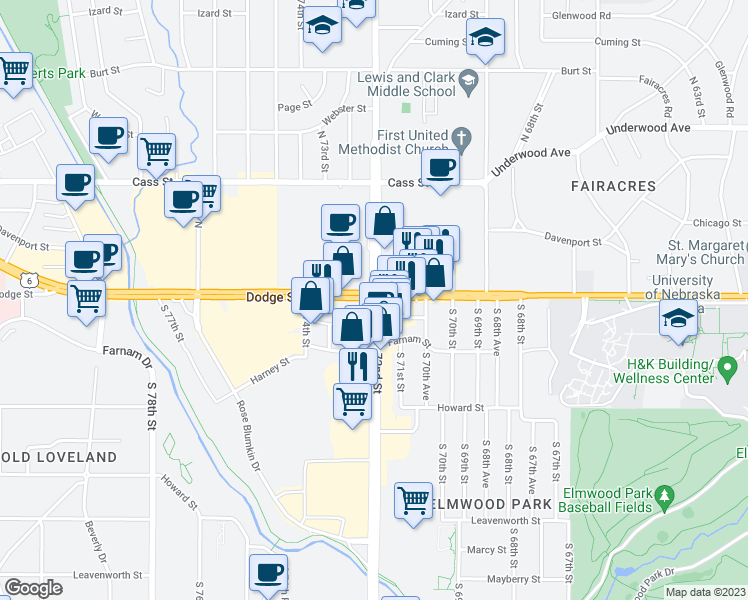 map of restaurants, bars, coffee shops, grocery stores, and more near 7201 Dodge St in Omaha