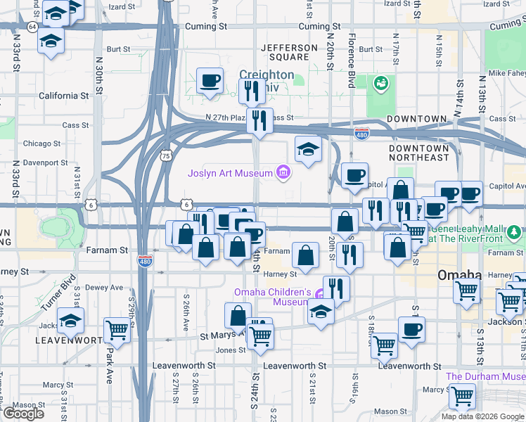 map of restaurants, bars, coffee shops, grocery stores, and more near 2223 Dodge Street in Omaha