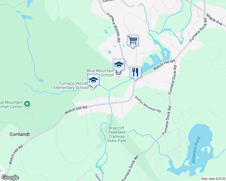 map of restaurants, bars, coffee shops, grocery stores, and more near 253 Watch Hill Road in Cortlandt