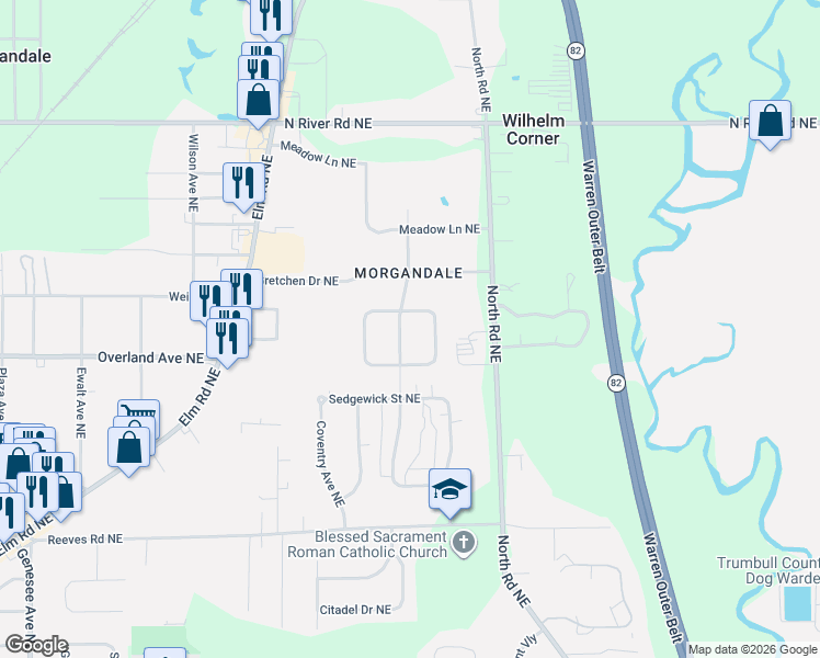 map of restaurants, bars, coffee shops, grocery stores, and more near 1957 Roberts Lane Northeast in Warren