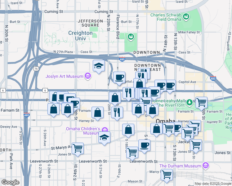 map of restaurants, bars, coffee shops, grocery stores, and more near 100 South 19th Street in Omaha