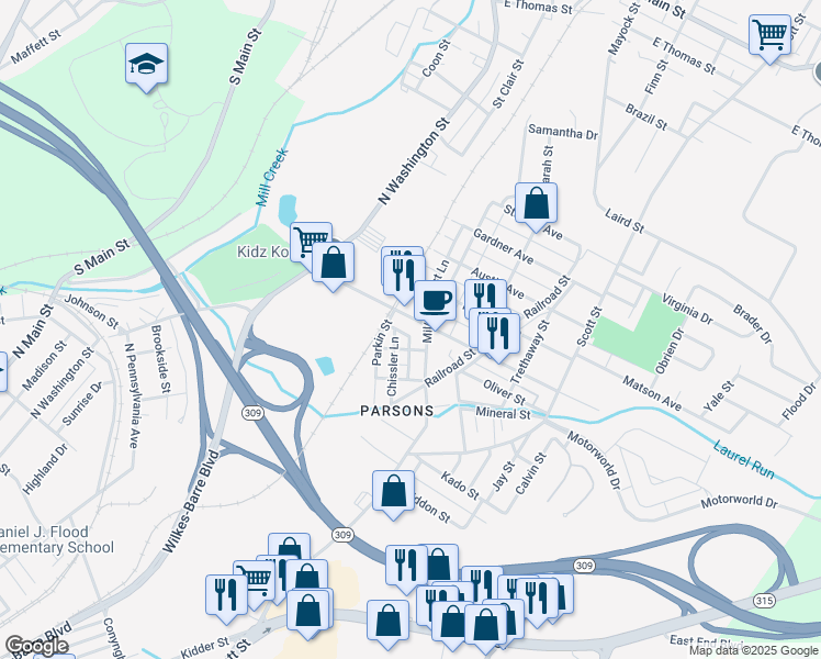 map of restaurants, bars, coffee shops, grocery stores, and more near 36 Gore Street in Wilkes-Barre