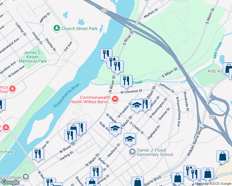 map of restaurants, bars, coffee shops, grocery stores, and more near 575 North River Street in Wilkes-Barre