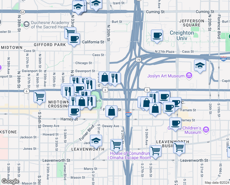map of restaurants, bars, coffee shops, grocery stores, and more near in Omaha