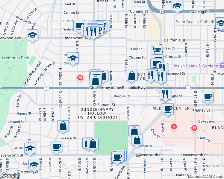 map of restaurants, bars, coffee shops, grocery stores, and more near in Omaha